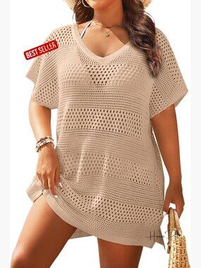 Plus Size Crochet Swim Cover Up - Short Sleeve Sheer Beach Dress 2025